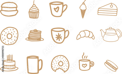 Whimsical breakfast doodles. Vintage hand drawn icons with la dole vita aesthetic in simple crayon and sketch style. Trendy art for menus and dinner brunch invitations. Outline vector illustration st
