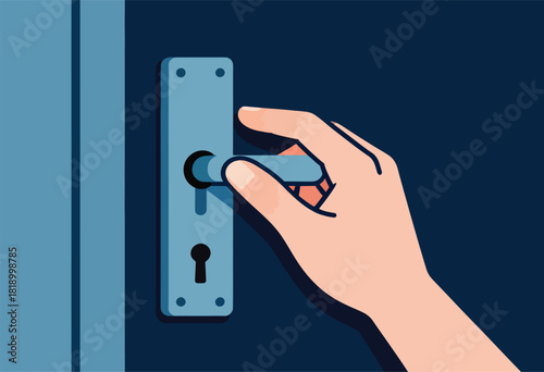 A stylized hand grasps a blue door handle on a blue door, against a dark blue background