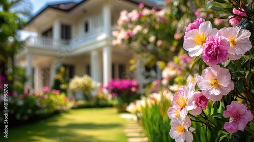 Blooming flowers lead to a beautiful white house, creating a stunning contrast between nature's beauty and architectural elegance.