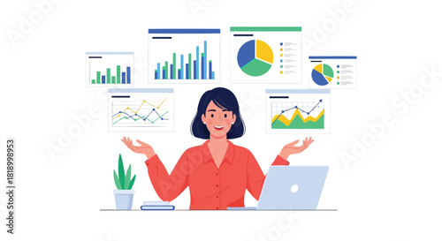 Woman analyzing financial charts and graphs on a laptop with a confident smile