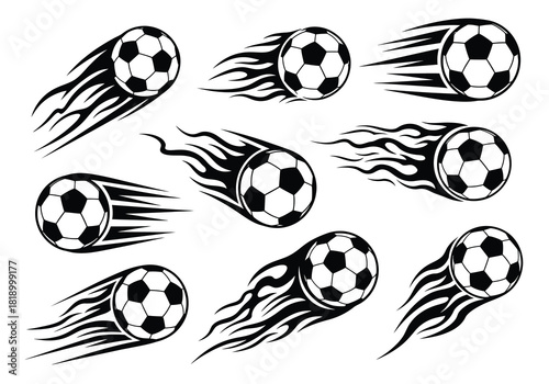 Set of nine flaming soccer ball icons isolated on
