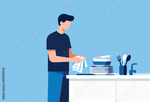 Illustration shows a person washing dishes with a cloth and stacked dishes/cutlery on a countertop. Blue background