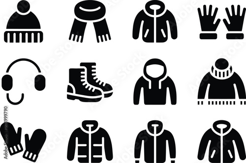 Winter clothing icons set essential garments for cold weather including hats scarves gloves boots jackets and earmuffs in vector format