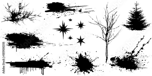 Black ink splatter art with winter elements and trees for creative design