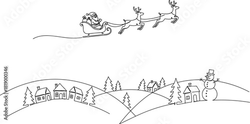 Santa Claus Sleigh Reindeer Flying Over Snowy Village Christmas Winter Landscape Scene Line Art Silhouette Outline Design Template Vector Illustration Sketch Drawing Background