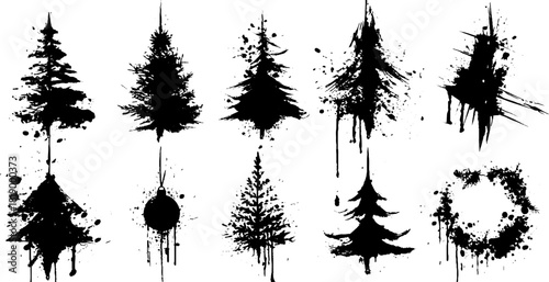 Winter holiday ink splatter tree design for seasonal decor and art projects