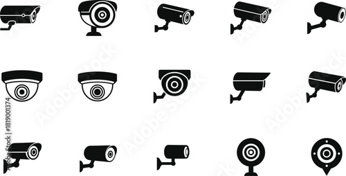 Security Camera Surveillance System Icons Set Vector Illustrations, CCTV Monitoring Technology, Home and Business Protection, Digital Safety, Crime Prevention, Black Silhouette Icons