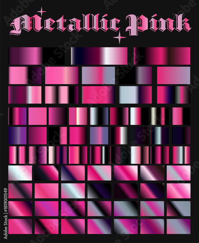 Various gradients in vivid pink, magenta, and metallic tones are displayed on a black background in a modern vector style. Conceptual vector illustration for digital art, graphic design.