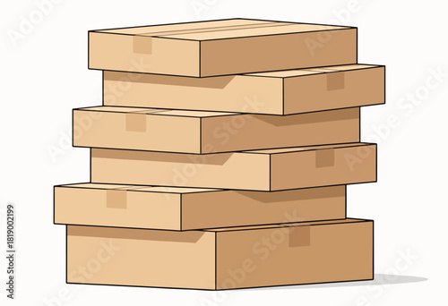 A stack of six beige cardboard boxes with tape. They are arranged on top of each other
