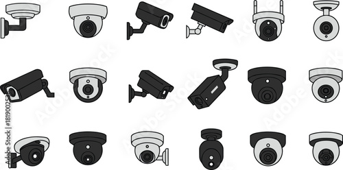 Title: Modern Digital CCTV Camera Icon Set for Home Security and Business Surveillance, Monitoring System Technology, Safety, and Privacy Protection Vector Illustration, Line Art