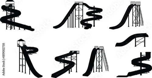 Water Park Slides Vector Collection, Black and Blue Silhouettes of Waterpark Attractions, Amusement Ride Icon Set, Summer Vacation and Pool Fun Graphics