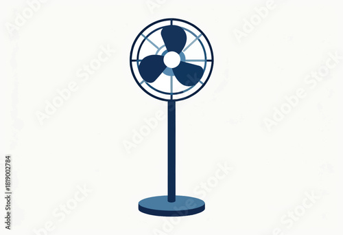 A simple illustration of a blue-toned standing fan with a circular base, blades, and guard against a white background