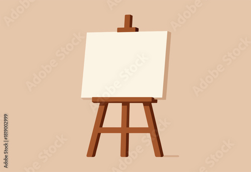 A digital illustration of a wooden easel holding a blank white canvas. Minimalist design on a neutral background