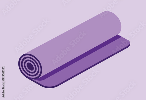 A rolled-up purple yoga mat rests on a light lavender background, with a subtle isometric perspective
