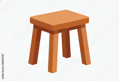 A simple, brown, wooden stool depicted on a clean white background. Isometric view. Stool has four legs