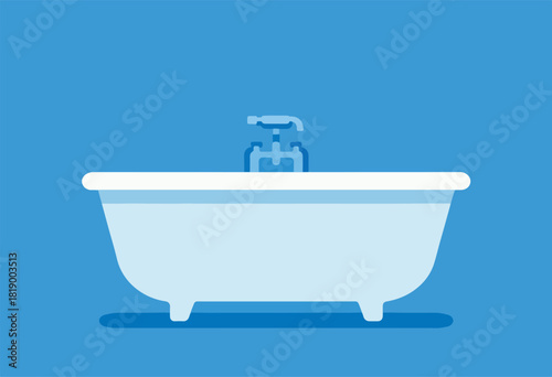 A minimalist illustration of a bathtub with fixtures against a blue background, in flat design