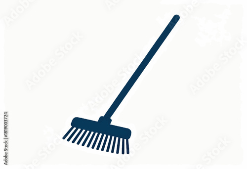 A stylized dark blue broom is angled diagonally across a white background. The bristle area is clear
