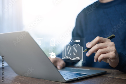 e-learning icons on a laptop, representing online education, virtual training, digital course, learning platform technology, and knowledge development tools. training course, webinar, e learn platform
