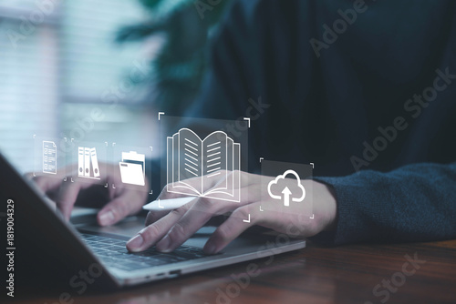 Plakat digital book and cloud icons, representing e-learning, online education, library systems, cloud document storage, and modern knowledge management solutions. training course, webinar, e learn platform