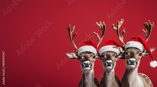 Group of three reindeer in Santa hats, smiling faces, close-up on red backdrop, cheerful holiday theme with space for text.