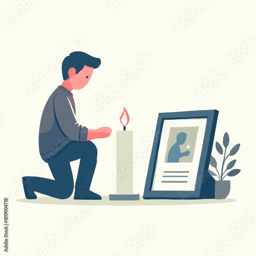 Flat Illustration of Mourning Man Kneeling Before Photo Candle in Remembrance