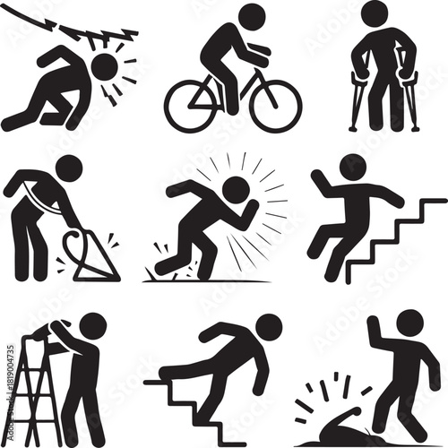 Accident prone stick figures illustration depicting common injuries