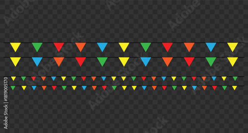 Two Rows of Colorful Pennant Banners Strung on Horizontal Lines for Festive Decoration