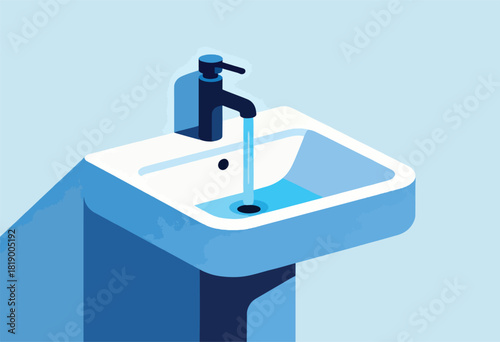 An illustration depicting a simple, geometric bathroom sink with a faucet pouring water into the basin