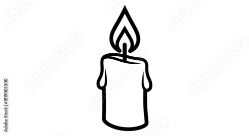 A simple black and white line art illustration of a single burning candle with a flame and dripping wax.