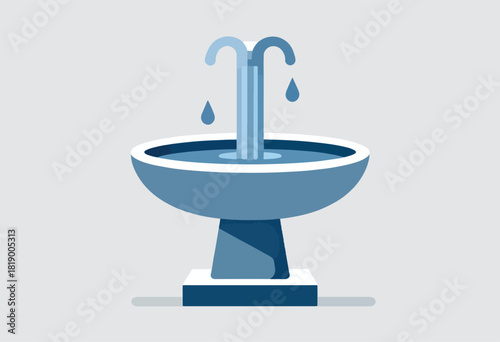 A minimalistic depiction of a fountain with falling water droplets. Flat design style. Blue hues