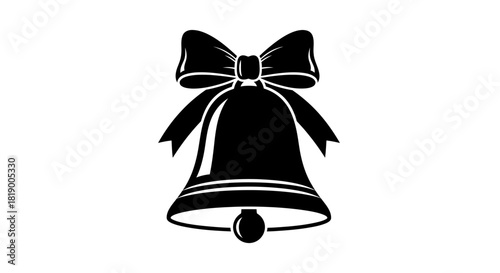 A black and white illustration of a festive bell adorned with a large bow and streamers, symbolizing celebration and holidays.