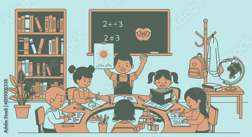 An illustration of a diverse group of elementary school children and a teacher in a classroom, engaged in learning activities like drawing, reading, and writing.