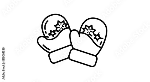 A simple black and white line art illustration of a pair of winter mittens with a snowflake pattern.
