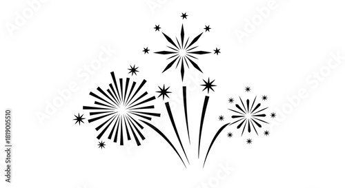 A black and white graphic illustration of exploding fireworks on a white background.