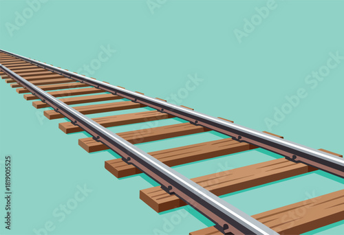 An illustration shows stylized railroad tracks receding diagonally into distance against a light blue backdrop
