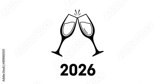 Two champagne glasses clinking together with sparkling bubbles above them, with the year 2026 displayed below.