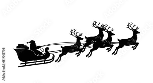 Black silhouette of Santa Claus riding in a sleigh being pulled by four flying reindeer on a white background.