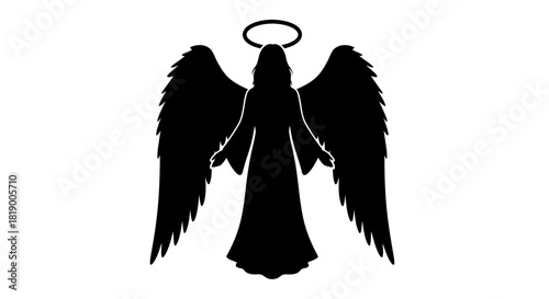 Silhouette of an angel with wings and a halo on a white background.