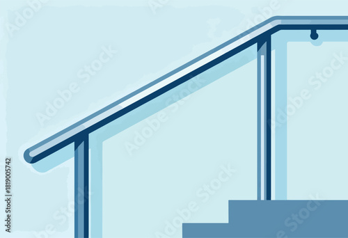 Abstract illustration showing a light blue stair railing with matching blue steps. Handrail detail with vertical support