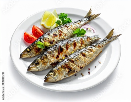 Grill sardines on a plate white background.