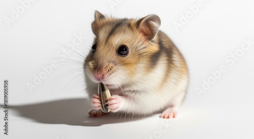 Cute Striped Dwarf Hamster Eating Sunflower Seed on White Background