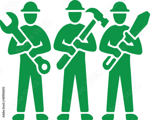 Three Workers Icon with Tools for Construction and Maintenance Services