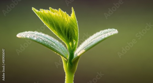 Close up of Vibrant Green Sprout Covered in Morning Dew