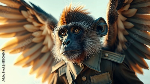 Flying monkey in a fierce mood soaring through the air representing The Wonderful Wizard of Oz against a dark enchanted sky