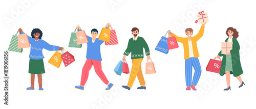Set of people with gifts and shopping bags. Happy men and women buying at discount on winter sale. Flat characters vector illustration isolated on white background.