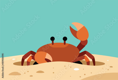 Cartoon crab with a claw raised on a sandy beach under a turquoise sky. Geometric and minimalist style