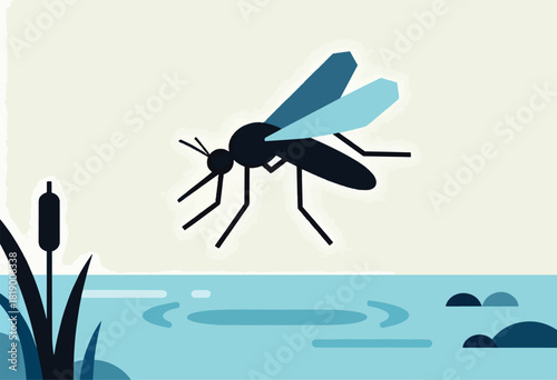 A stylized vector illustration of a mosquito hovering above water with reed plants and a light colored background