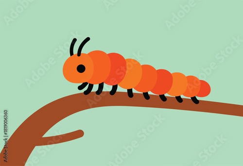 A stylized orange caterpillar with black features crawls along a brown branch against a light green background