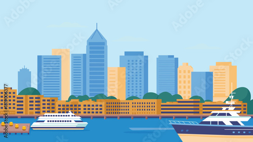 Cityscape on the water featuring boats and towering skyscrapers, reflecting on the calm surface