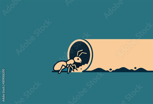 A stylized ant exits a dark opening into a light-colored tunnel against a teal background